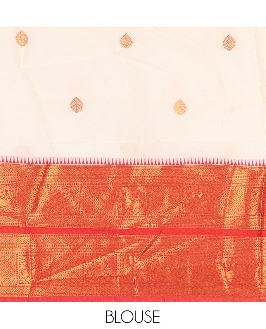 Cream-Maroon Banaras-Silk Half-Saree Features Zari Buttas Skirt, a Contrast Traditional Border, a Matching Blouse, a Contrast Dhavani