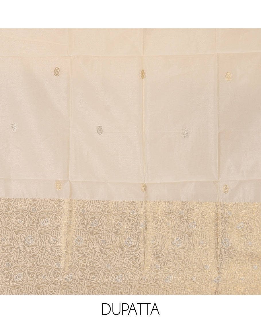 Kerala cream chudidar material, zari buttas & rose-like flowers woven taffeta silk top, plain santoon bottom & zari designs dupatta
