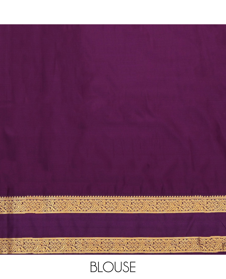 Yellow Budget Silk Saree, Sparsely Threaded with Buttas and Stripes, Complemented by Contrast Traditional Rettai Pettu Border, Jaal Pallu and a Contrast Blouse