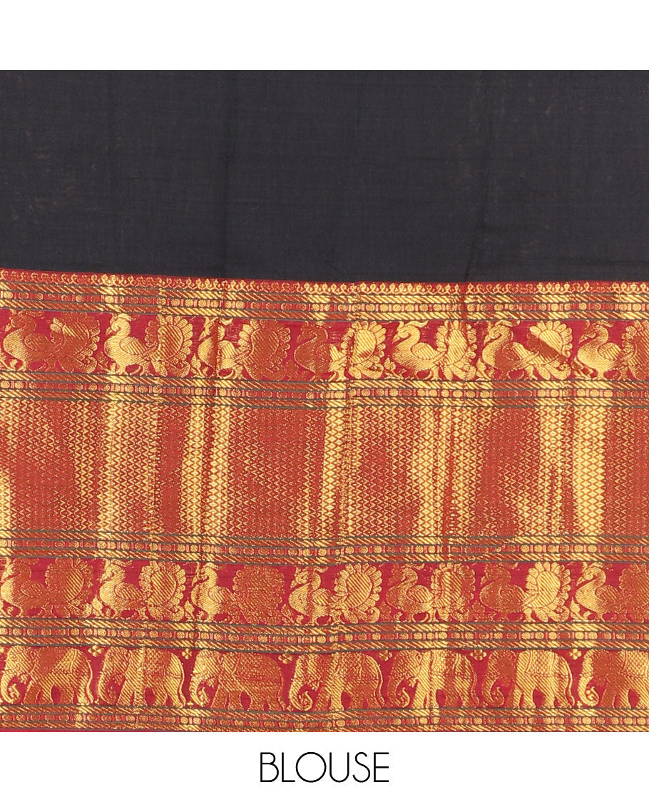 Black half-saree, plain with contrast traditional zari border skirt, matching blouse and a contrast zari border dhavani