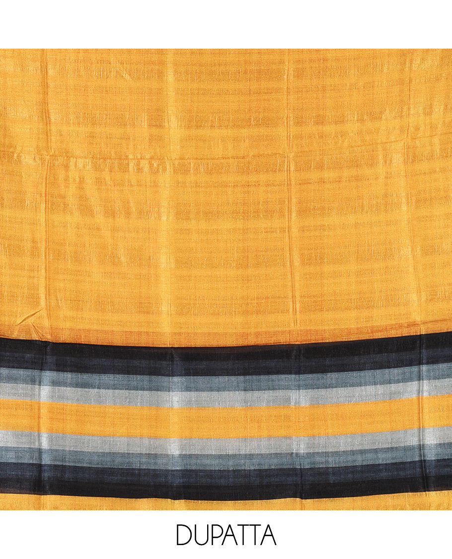 Mustard material chudidar set, horizontal ombre striped semi-tussar top, plain santoon bottom & horizontal ombre striped dupatta with tassels