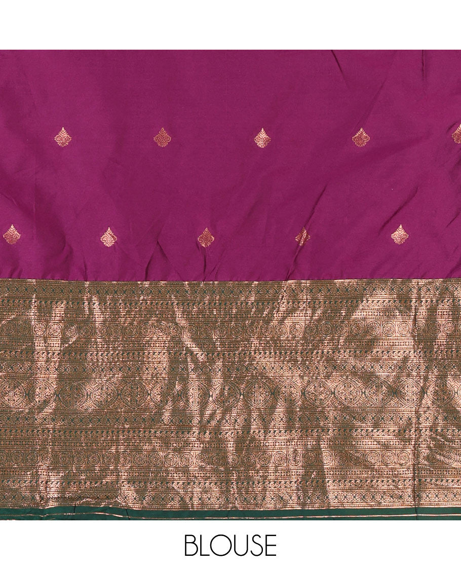 Violet taffeta silk half-saree, zari buttas and contrast traditional zari bordered skirt, a matching blouse, and contrast embroidered satin georgette dhavani