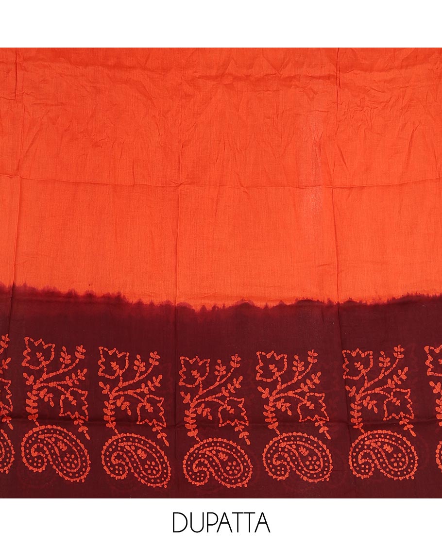 Maroon cotton material chudidar set, batik style floral, and paisley printed top, contrast plain bottom, and batik printed dupatta