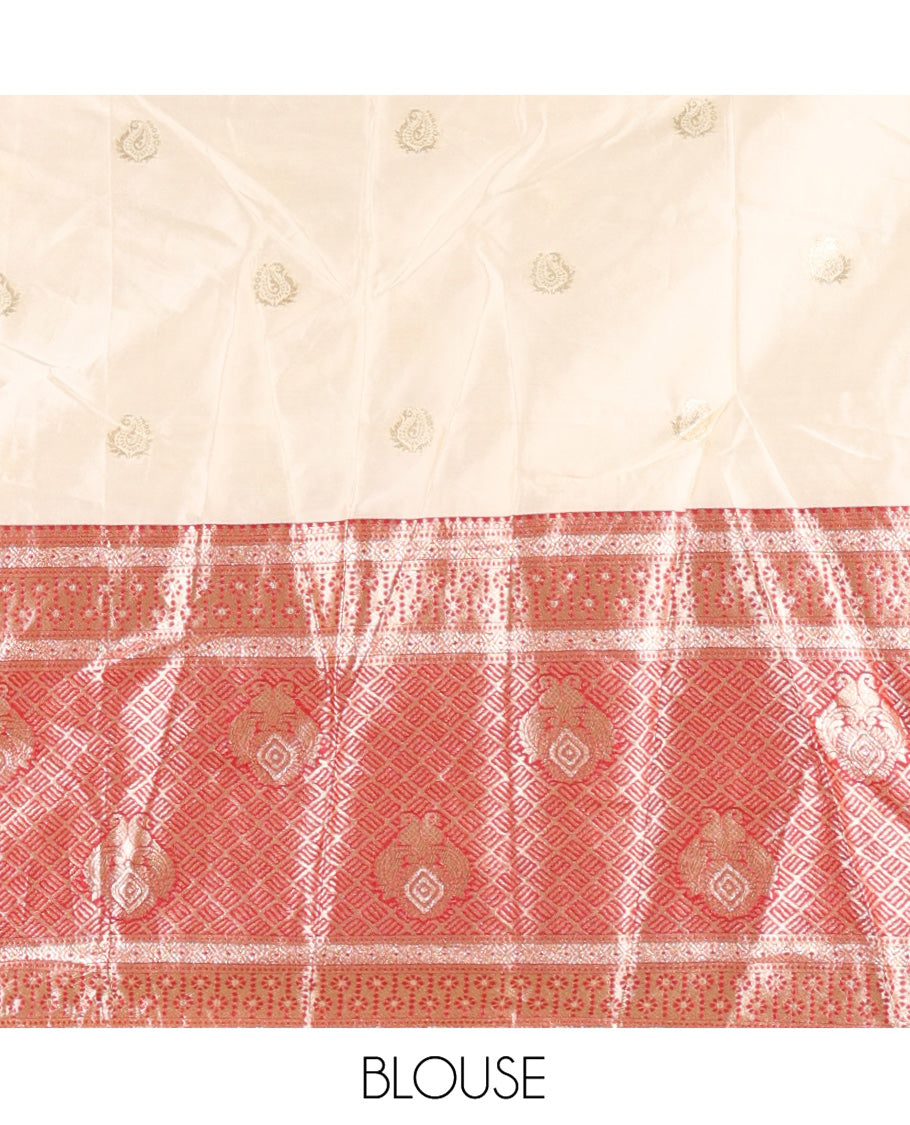 Cream-Red Semi-Banarasi Half-Saree Set Featuring Buttas Skirt, Contrast Traditional Border, Matching Blouse, and Banaras Dhavani