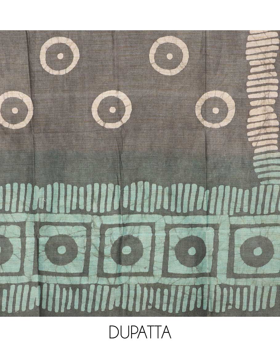 Pista green with ash color geometric batik print bhagalpur cotton chudidhar material top with batik print cotton pants & batik print mul mul dupatta
