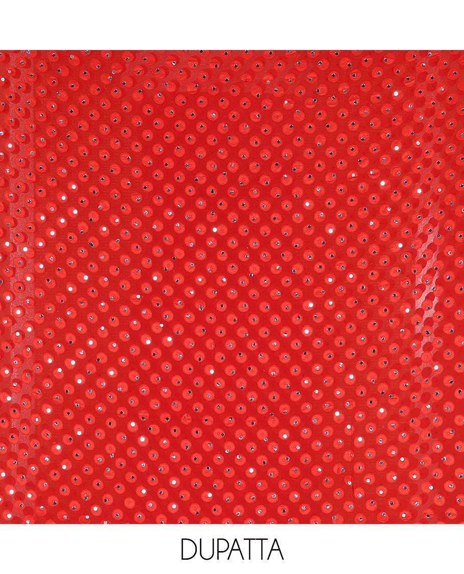 Red material churidar set, stone work with Schiffli style embroidered georgette top, American Crape bottom, and polka dotted printed mirror work dupatta