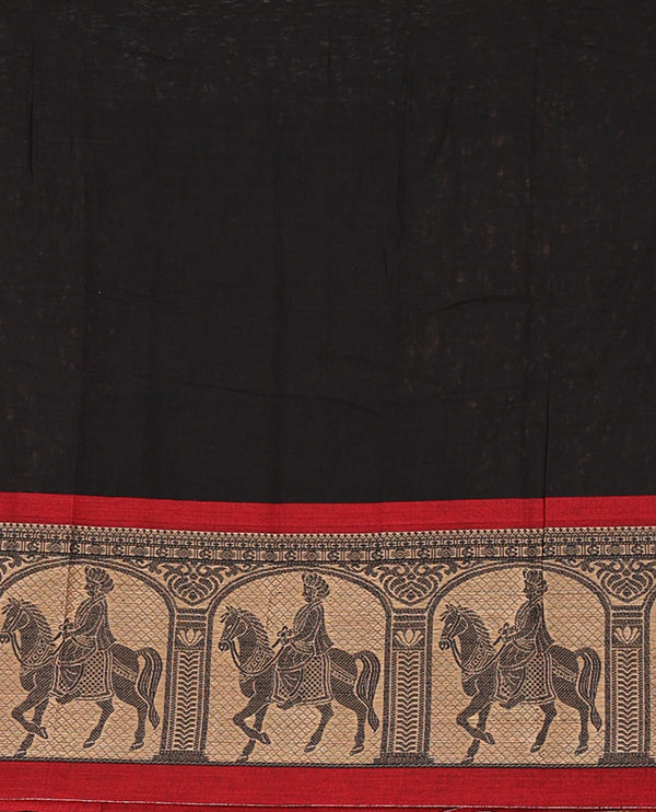 Black with red mercedised cotton half-saree, contrast elephant zari border skirt, matching blouse & one side border georgette dhavani