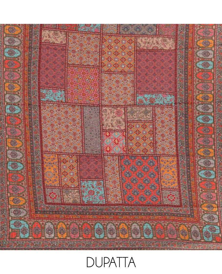Multi-color churidar material set, ajrakh-printed & sequins work crepe top, kalidoscopic-colored dupatta of ajrakh print & sequins work & plain crepe bottom