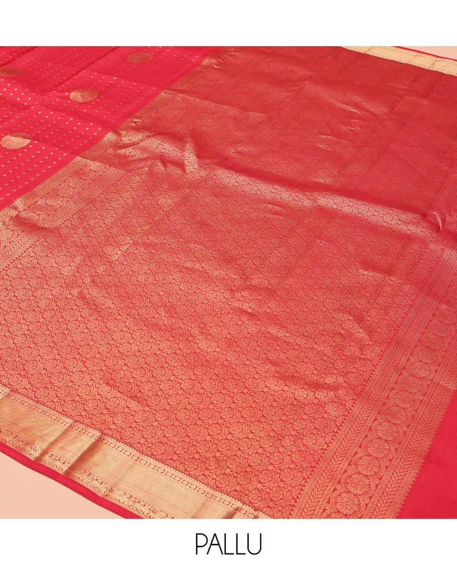 Red Vasundhara Silk Mix Saree, Decorated with Zari Buttas All Over Its Body, Highlighted by Zari Border of Rudraksham, Neli, Mayil, and Yaali Designs, Grand Pallu, and Paired with a Matching Blouse