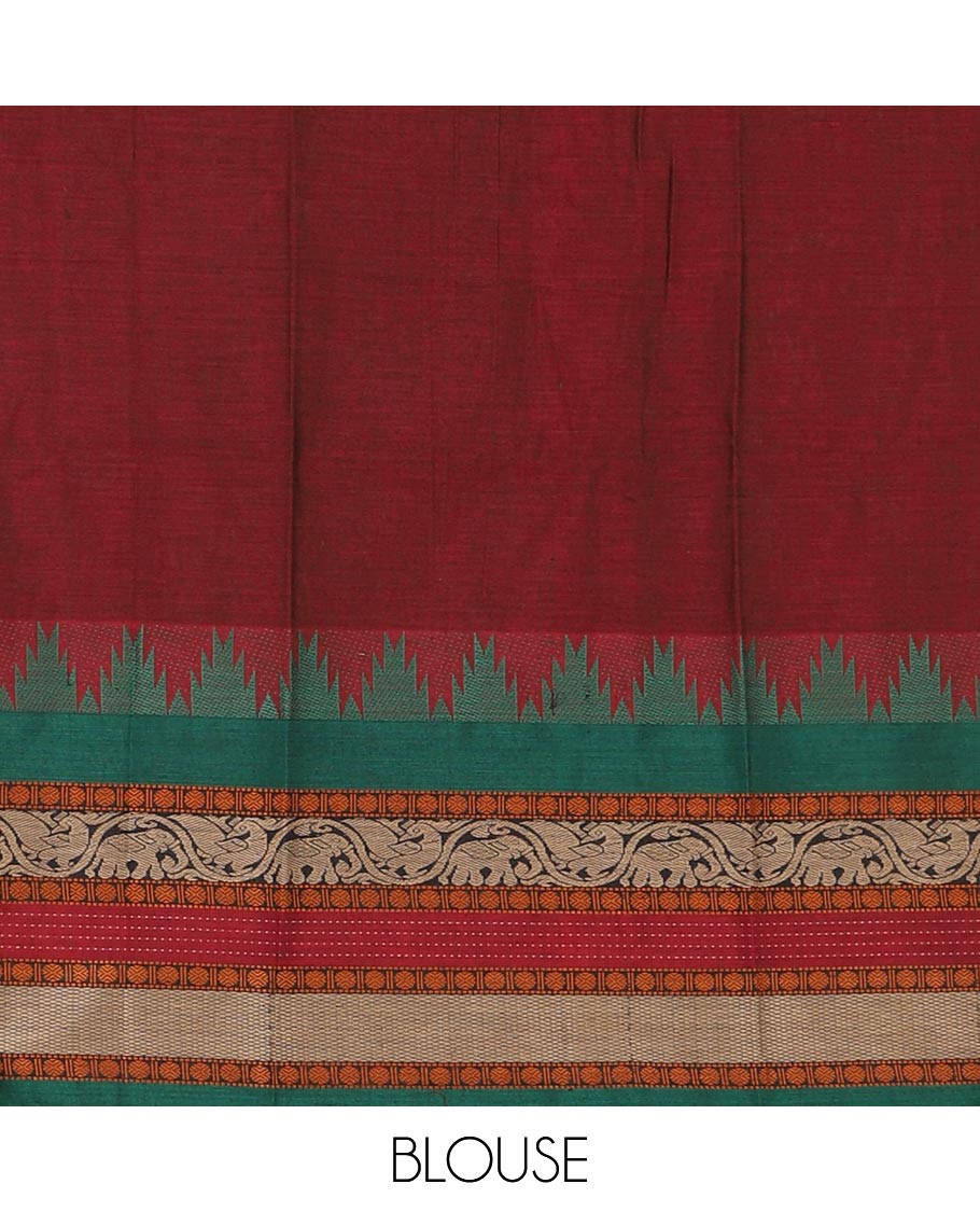 Maroon mercedised cotton half-saree, contrast traditional resham thread border skirt, matching blouse & contrast green thread border georgette dhavani