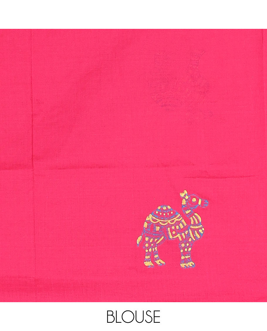 Borderless rani pink camel motifs and geometric patterns, handblock printed poly cotton saree, handblock printed pallu, and contrast printed blouse