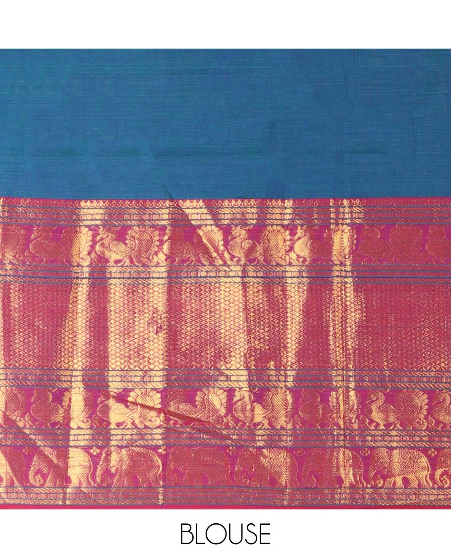 Ink blue mercerised cotton daman zari border half saree with cotton blouse & skya georgette one side zari border dhavani