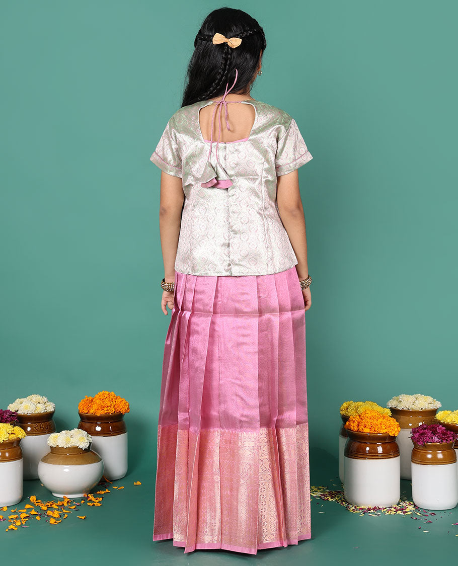 Pink readymade art silk pavadai, traditional zari big border skirt, & contrast jacquard scallop neck & short sleeve blouse