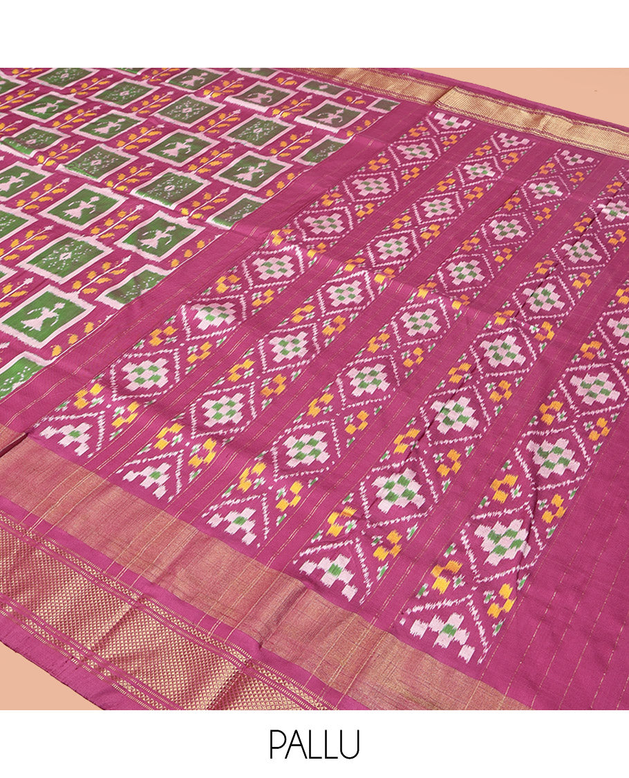 Pink Pochampally Ikat Silk Saree, Meticulously Woven with Ikat Enclosed Checks on Its Body, Highlighted by a Zari Border, Pallu of Jaal Pattern in Ikkat Weave, and Paired with a Matching Blouse