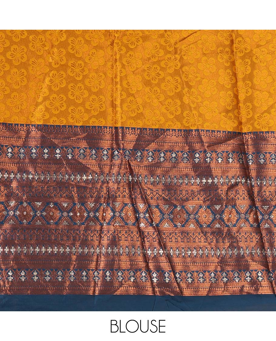 Mustard semi-banaras half-saree, embossed & contrast traditional zari border skirt,blouse of embossed & zari work & contrast-blue zari design dhavani