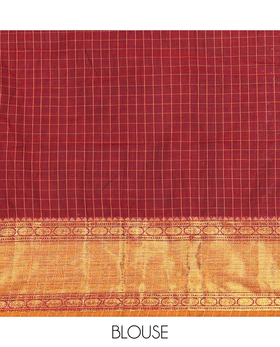 Maroon mercerised cotton daman zari border, checked design half saree with mercerised cotton checked blouse & skya georgette one side zari border work