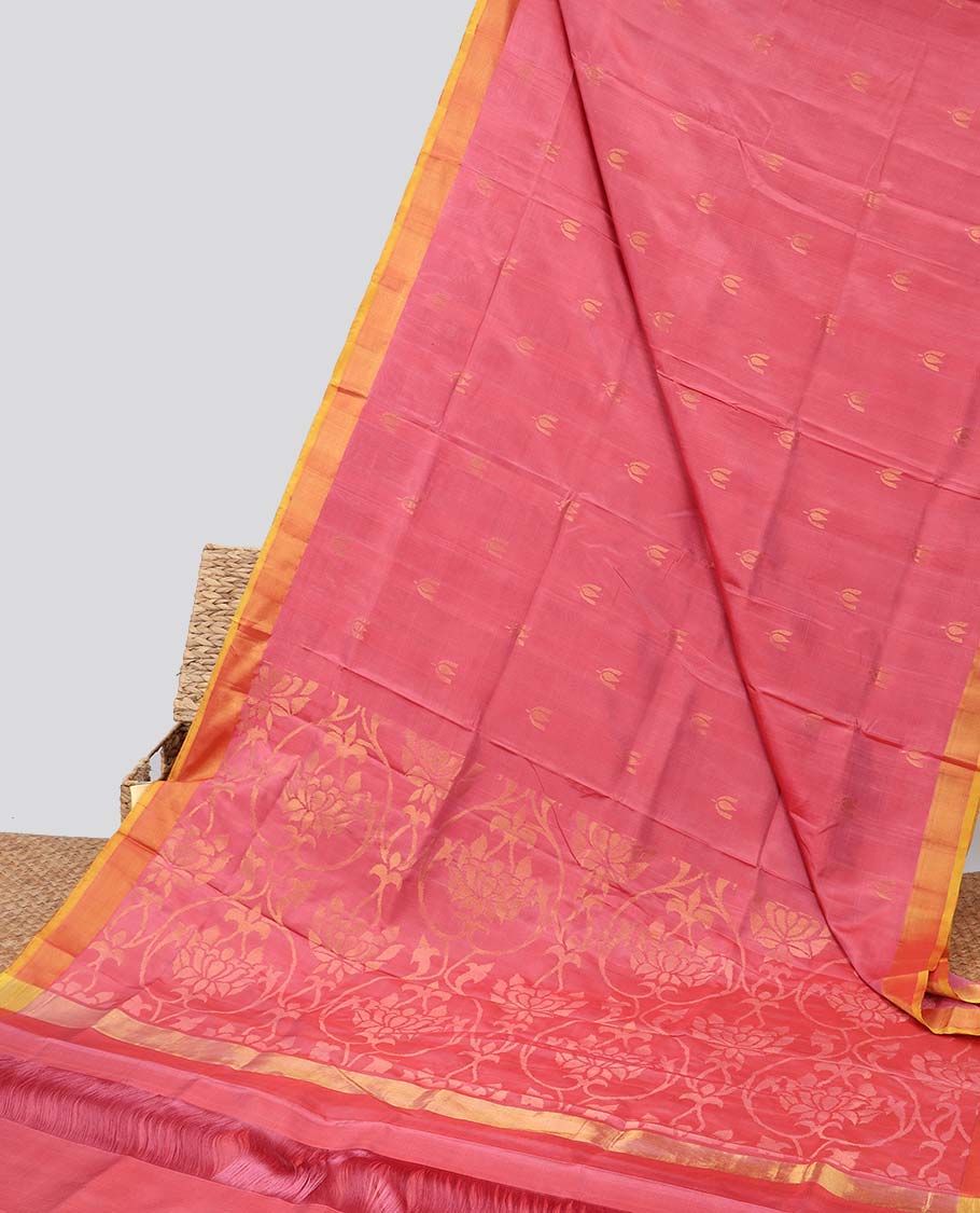 Red floral motifs uppada silk saree with contrast zari border & floral vine design pallu