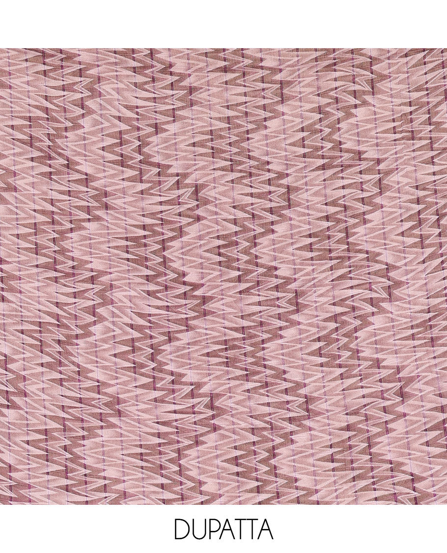 Violet Vertican silk material chudidar set, ikkat chevron striped with mirror neck embroidered top, santoon bottom, and contrast chevron striped dupatta