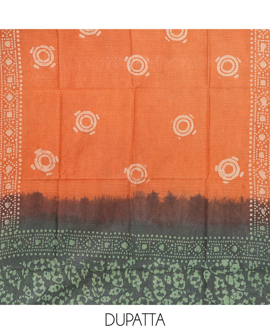 Leaf green chudidhar material, leaf batik-print bhagalpuri cotton top,contrast batik-print bottom & dual-color printed mul-mul dupatta