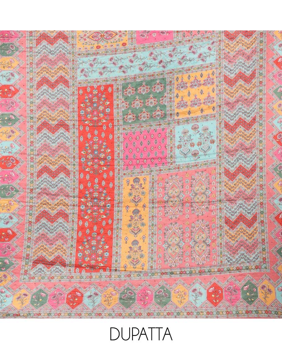 Light peach negative print, geometric design, swarovski work crepe chudidhar material top with american crepe pant & chinnon material geometric print, swarovski work dupatta
