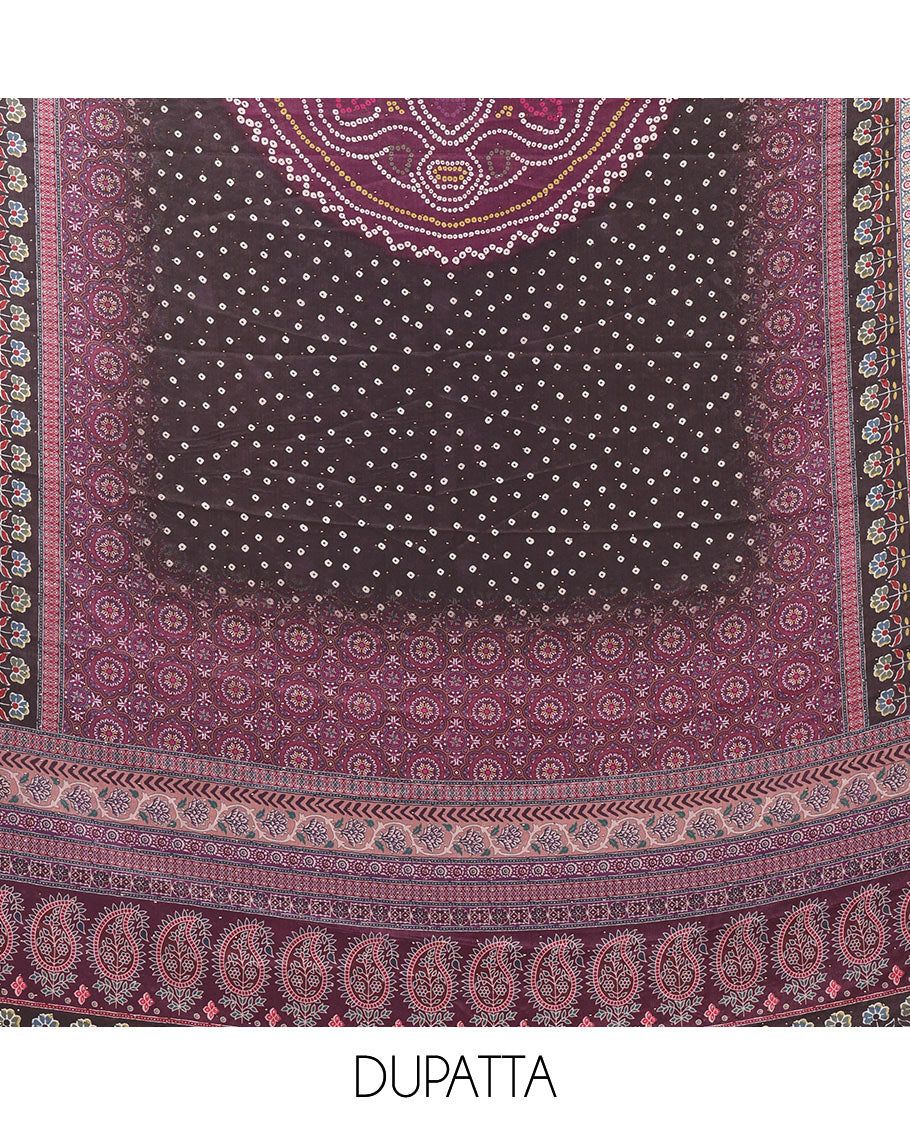 Dark purple crepe chudidar material set, ajrakh-print with daman floral design top, plain bottom & dupatta of bandhani dots & ajrakh-style print
