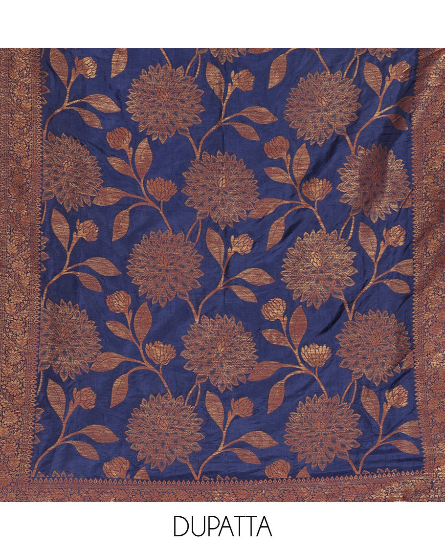 Blue Material Churidar Set, Decked Up with Zari Buttas Woven on Its Semi-Silk Top, Comes with a Plain Santoon Bottom, and a Semi-Silk Floral Jaal Zari Jacquard Dupatta