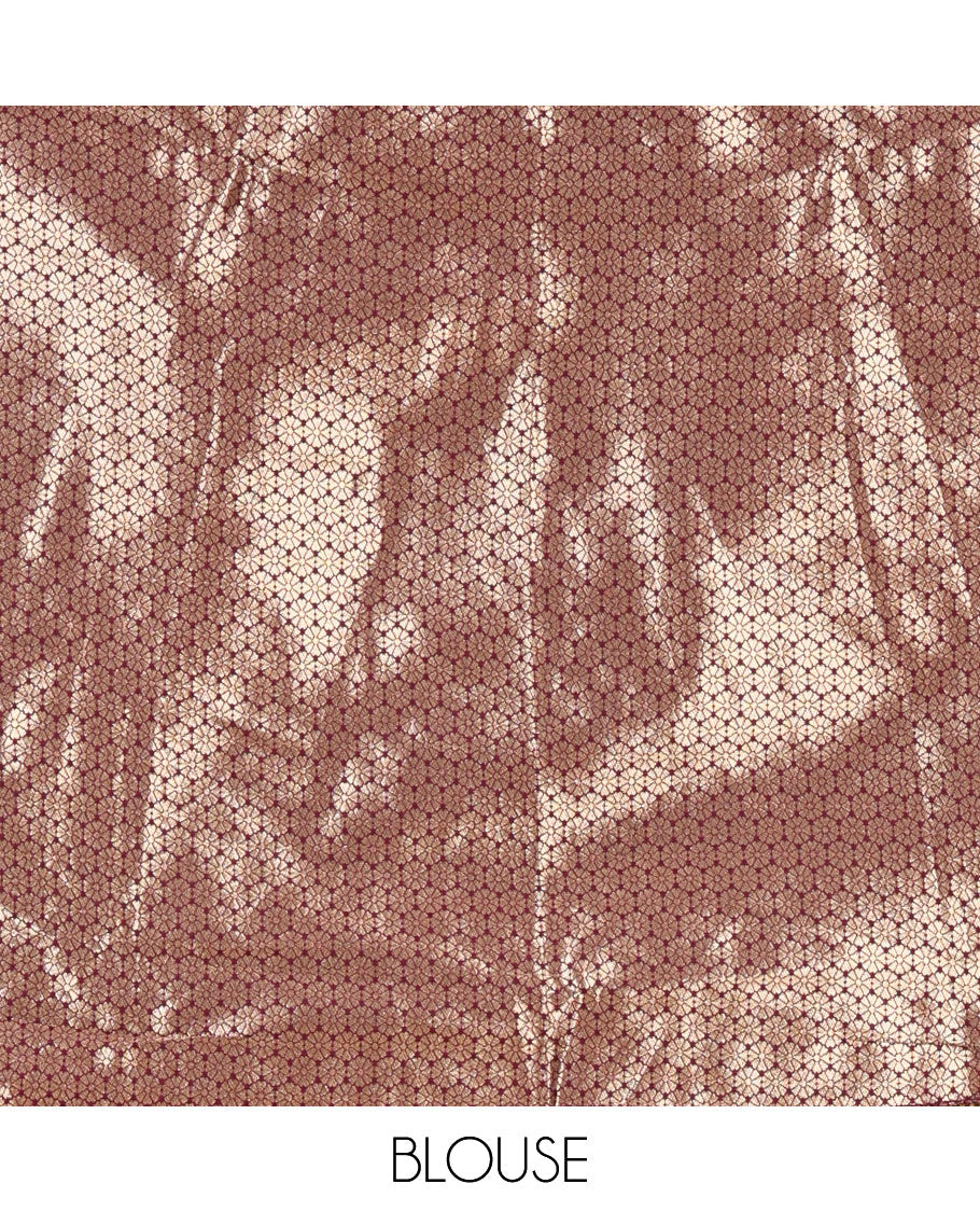 Cream-purple semi-banaras half-saree, floral jaal jacquard & contrast traditional zari border skirt, floral jacquard blouse & contrast zari design blouse