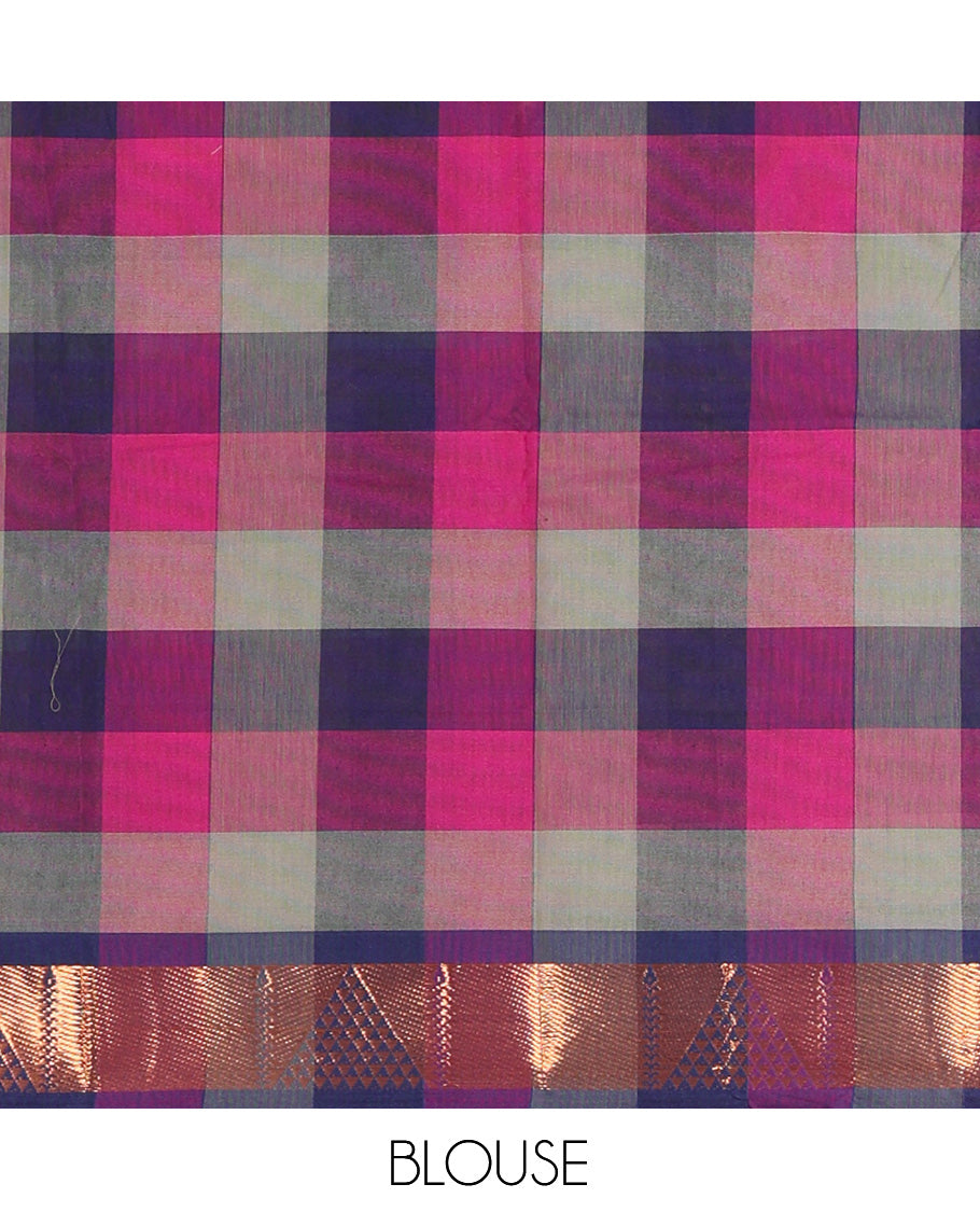Multi-Color Checked Chettinad Cotton Half-Saree Features a Ara Maadam Border, Matching Blouse, Contrast Dhavani