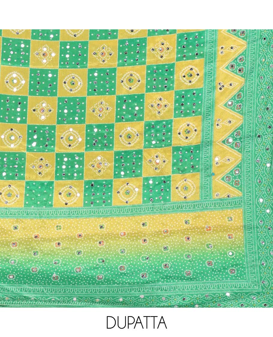 Lemon yellow with green bandhani print stone, mirrror work crepe chudidhar material top with american crepe pant & bhandani print, mirror work dupptata