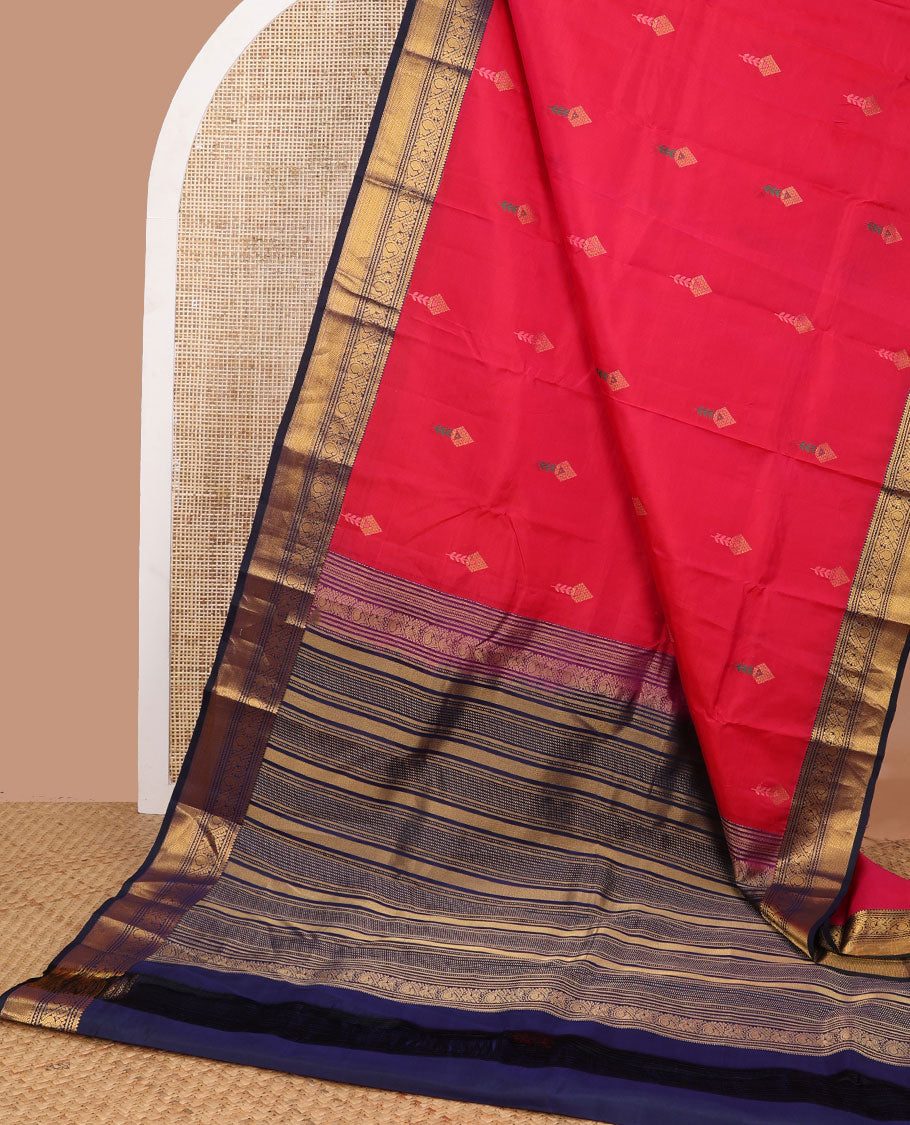 Red floral buttas ilk saree with contrast border of rekku, banaras, mayil kann design & floral design pallu