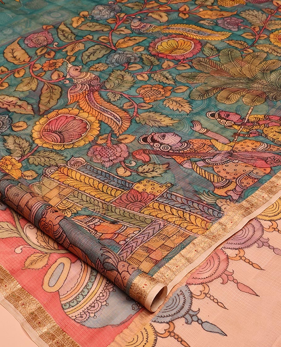 Blue Flora-Fauna-Human Pen Kalamkari Silk Saree, Contrast Zari Border, God Motif Pallu, Contrast Blouse