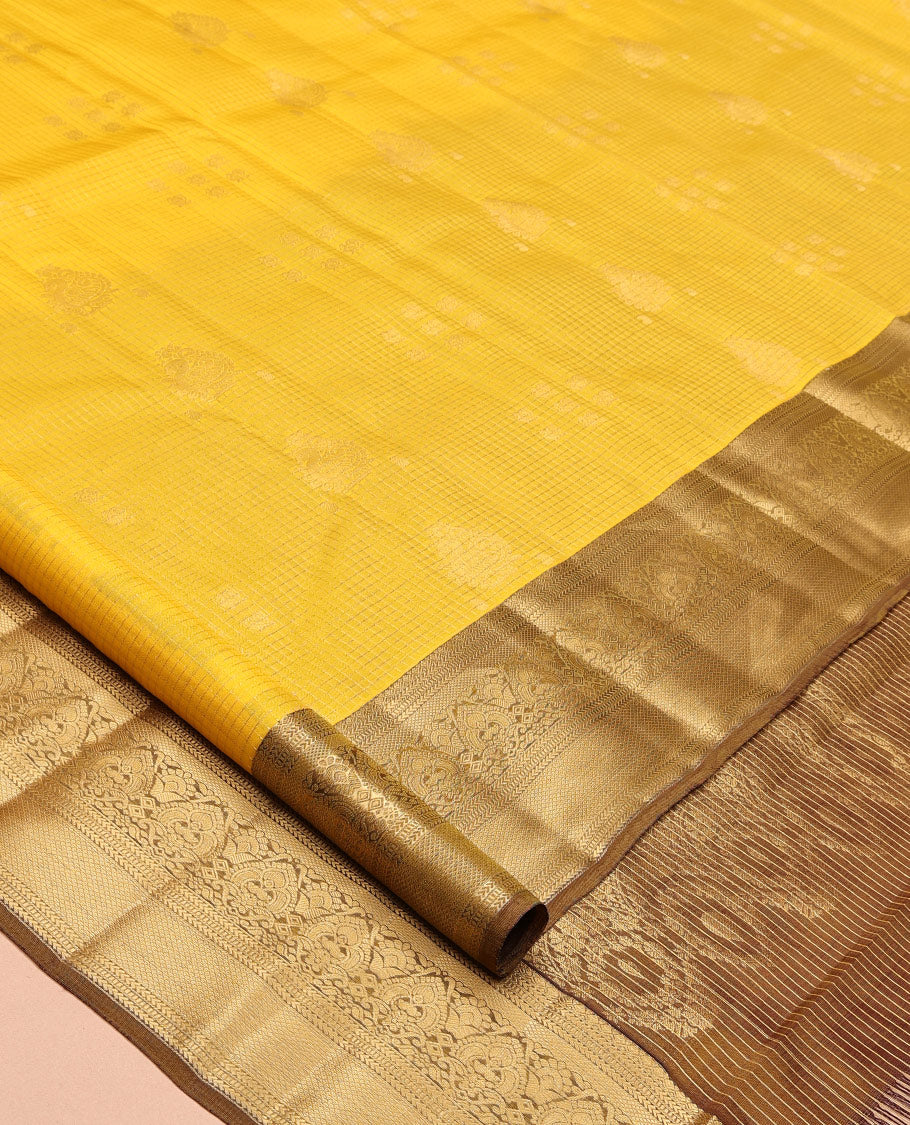 Yellow Vasundhara Lite Silk Mix Saree, Sparsely Woven with Zari Butta Enclosed Checks, a Contrast Traditional Zari Border, Grand Pallu, and a Contrast Blouse