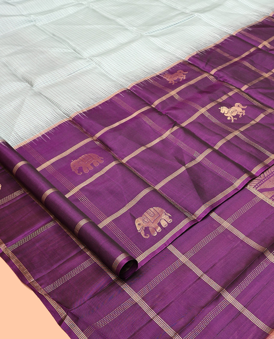 Grey Checked Kanchipuram Silk Saree, a Contrast Border of Butta Enclosed Checks, Jaal Pallu, and a Contrast Blouse