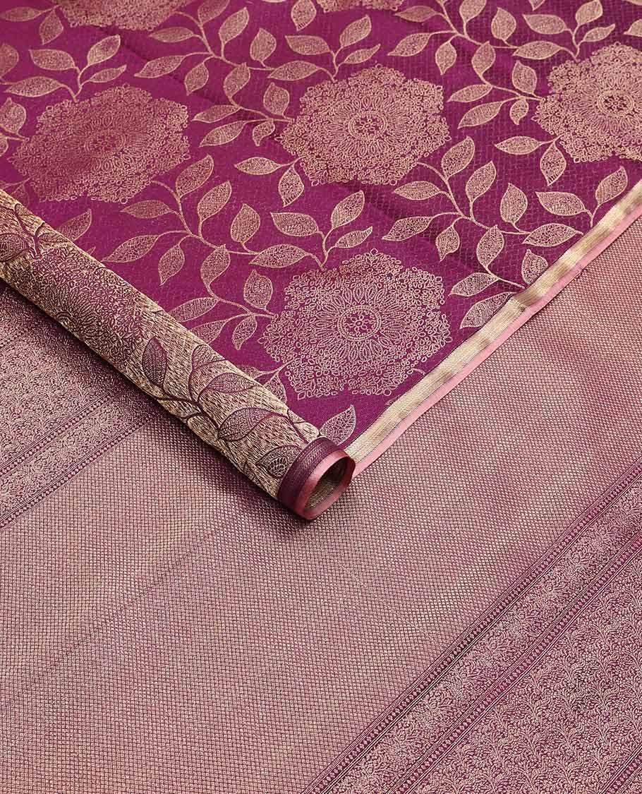 Violet checked, floral design kanchipuram designer silk saree with self zari border & intricate zari design pallu