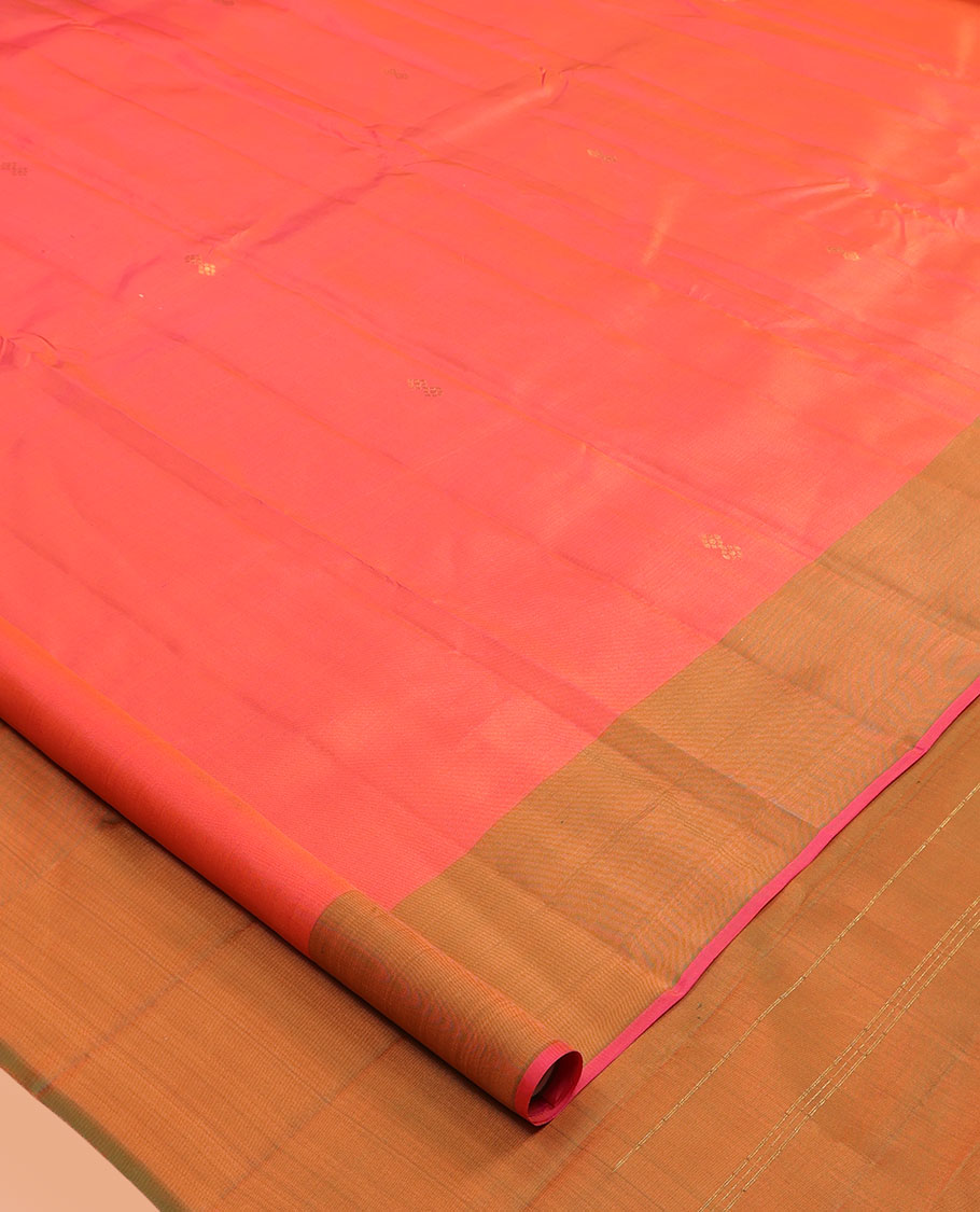 Orange Kanchipuram Silk Saree, Woven with Zari Buttas, a Contrast Thazampoo Rekku Border, Zari Design Pallu, and a Contrast Blouse