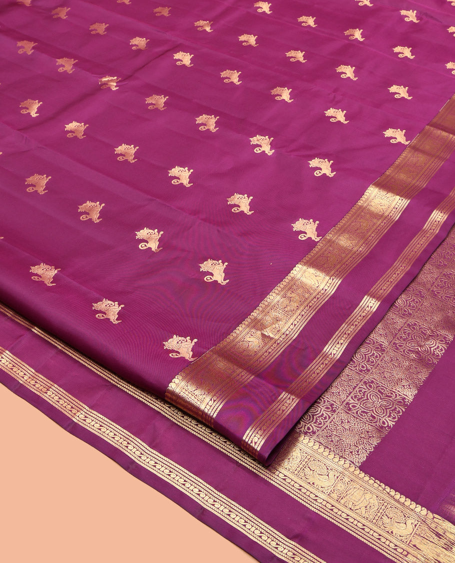 Magenta Vasundhara Lite Silk Mix Saree, Detailed with Yaali Buttas, Highlighted by Zari Border of Manga, Muthu, Mayil, and Yaanai Design, Grand Pallu, and a Matching Blouse