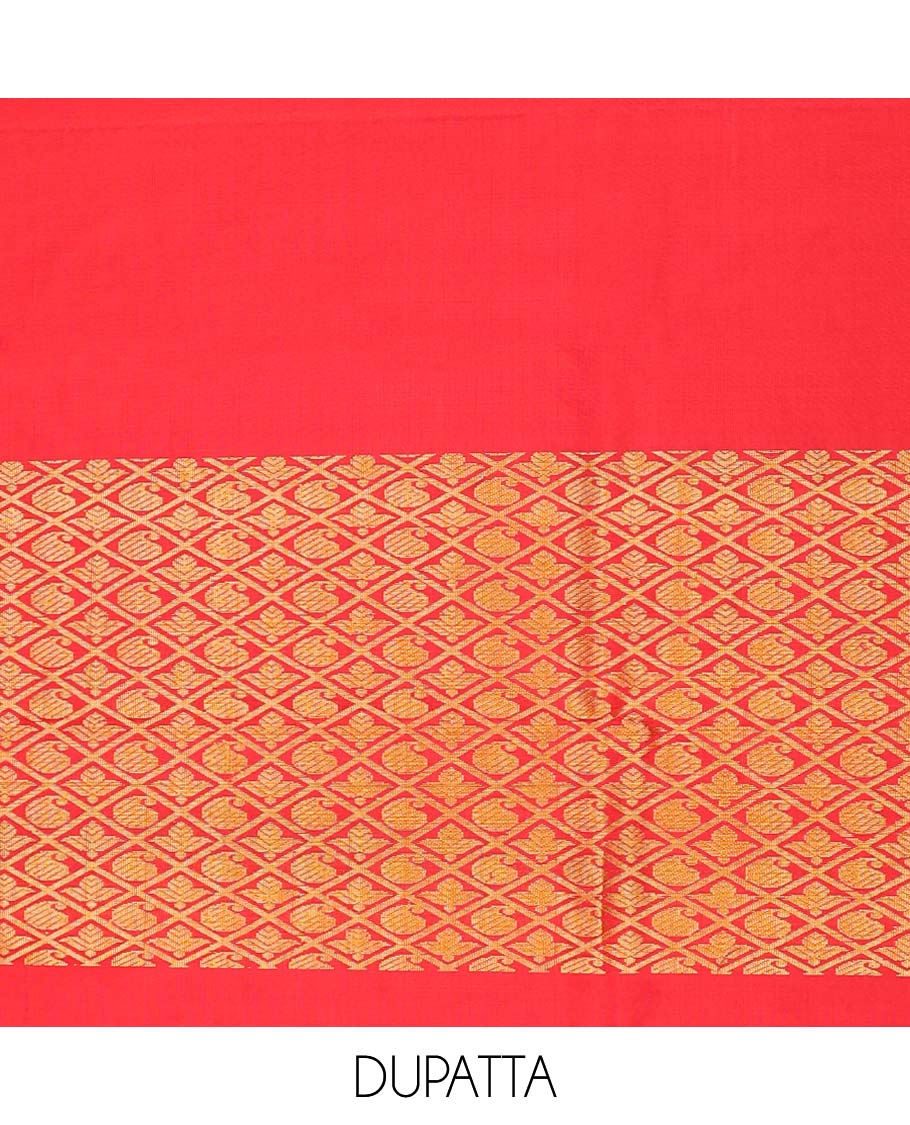 Orange floral buttas pure silk half saree with contrast traditional design border, zari design blouse & floral zari design dhavani