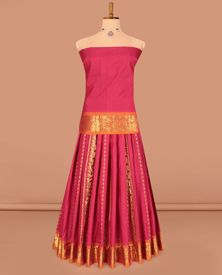 Red Art Silk Pavadai Material Set, Detailed with Zari Designs on Its Skirt, Complemented by a Contrast Traditional Zari Border, and a Matching Blouse