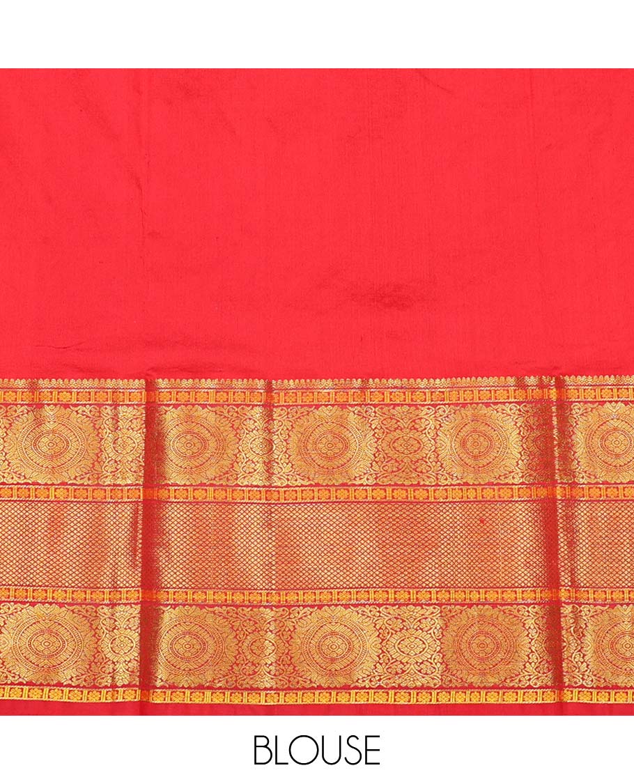 Orange floral buttas pure silk half saree with contrast traditional design border, zari design blouse & floral zari design dhavani