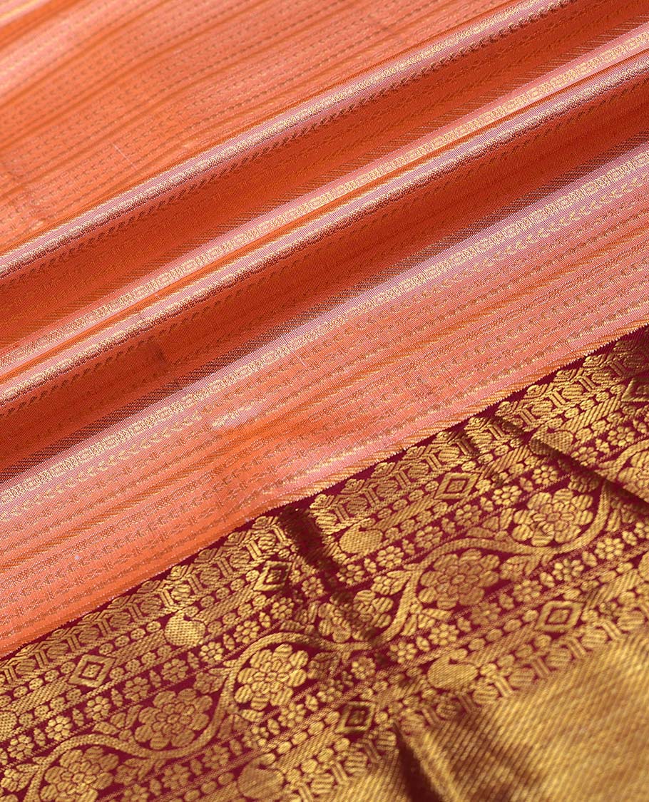 Peach floral striped design pure silk half saree with contrast zari design, zari design blouse & intricate floral design dhavani