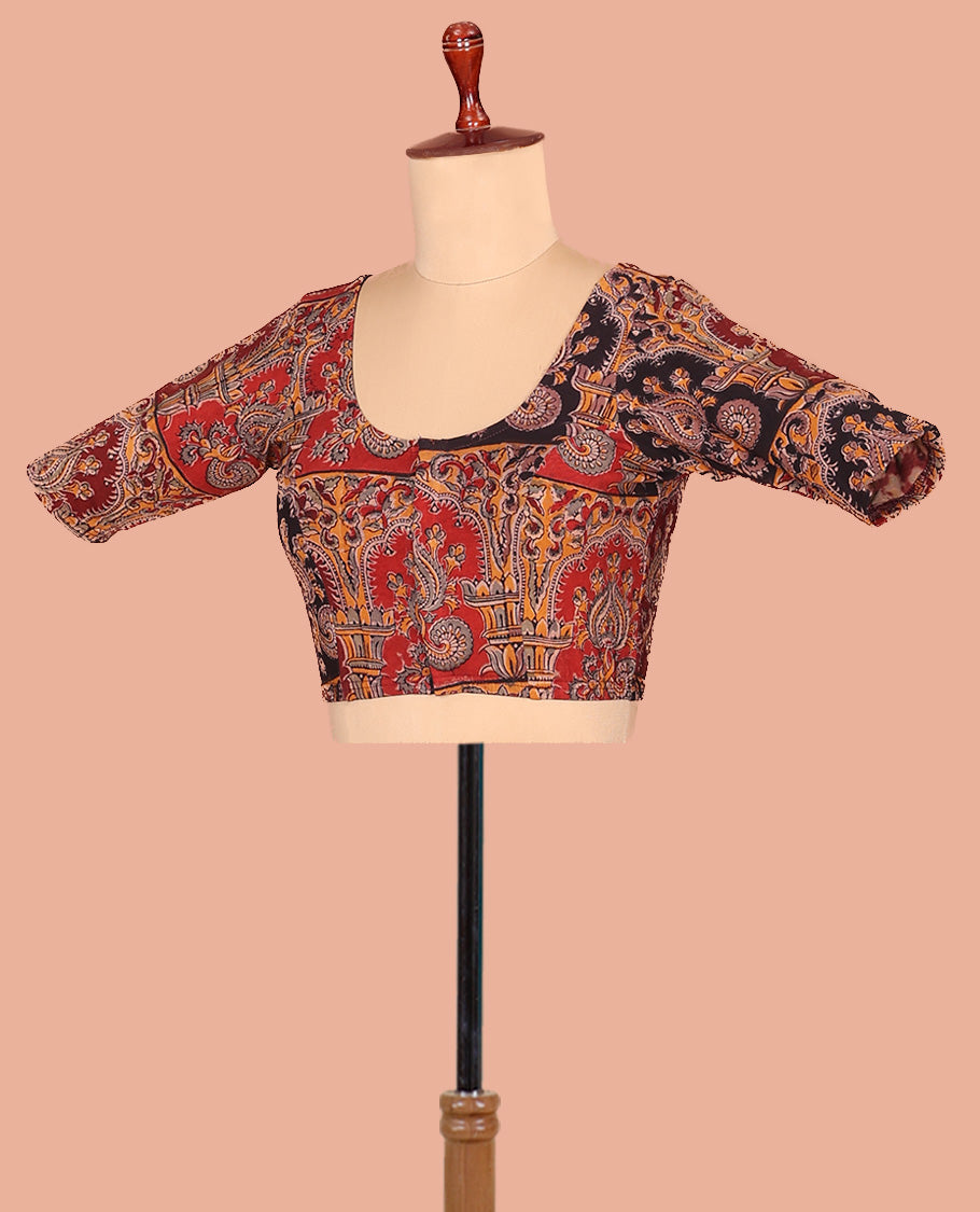Multi-color Cotton Readymade Blouse Enthralled with Intricate Kalamkari Print, Featuring a Front Round-Neck, a Back Round Neck, and Elbow Sleeves