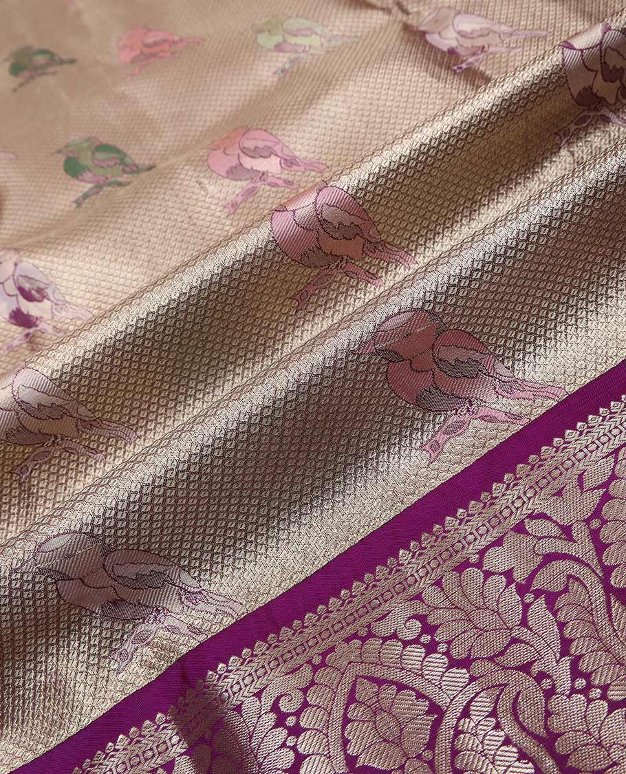 Sliver pure silk half saree, sparrow jacquard skirt, contrast traditional zari border, jacquard blouse, and intricate dhavani