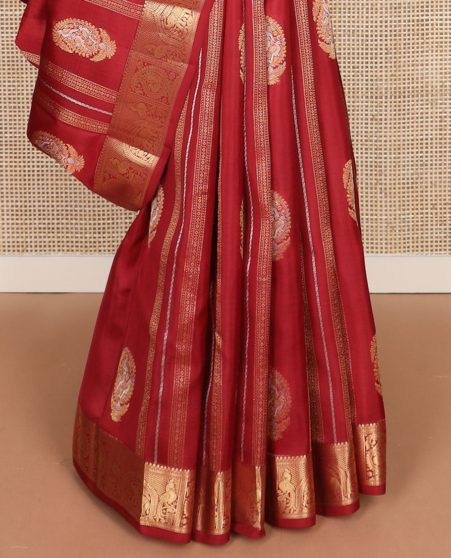 Red manga zari buttas vasundhara silk mix saree, intricate pallu & border of salngai, neli & mayil enclosed manga