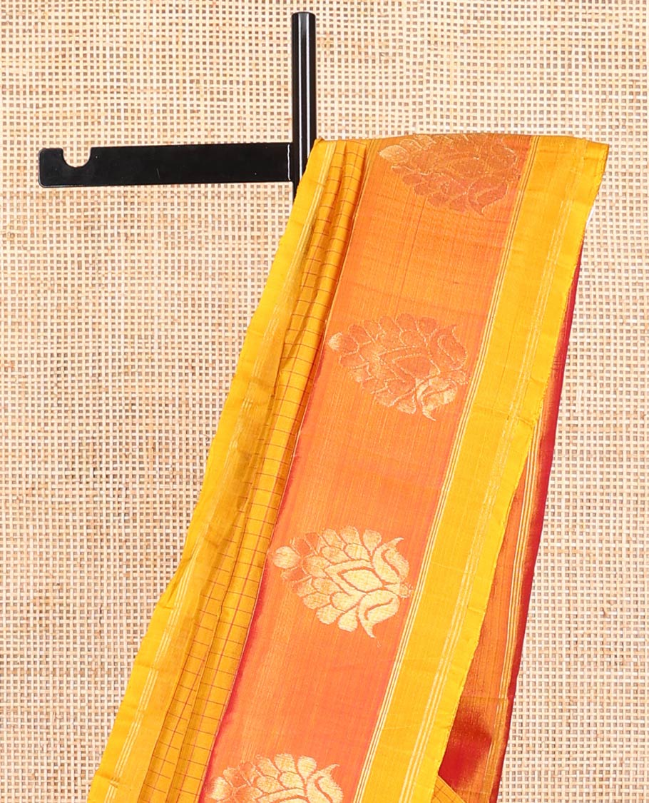 Orange checked, buttas kancheepuram silk saree with contrast floral zari design border & floral design pallu