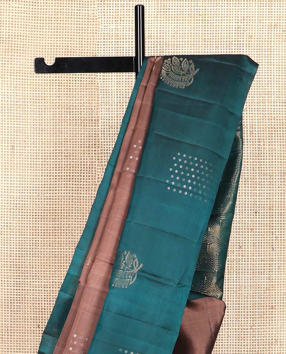 Brown zari buttas silk mix saree, contrast zari design border & pallu of geometric designs