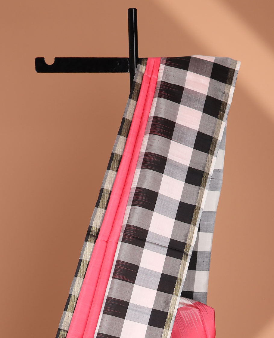 Pink plain design soft silk saree, contrast multi-colored checked design border & pallu