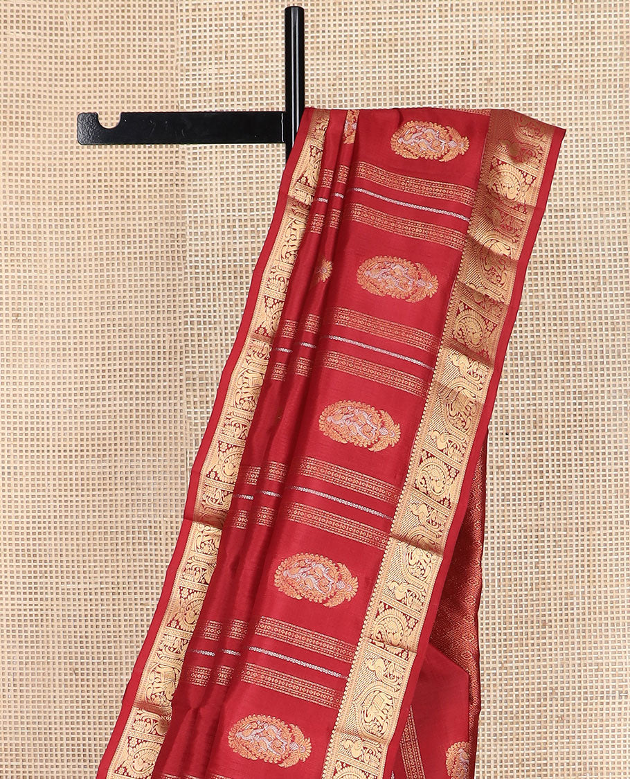 Red manga zari buttas vasundhara silk mix saree, intricate pallu & border of salngai, neli & mayil enclosed manga