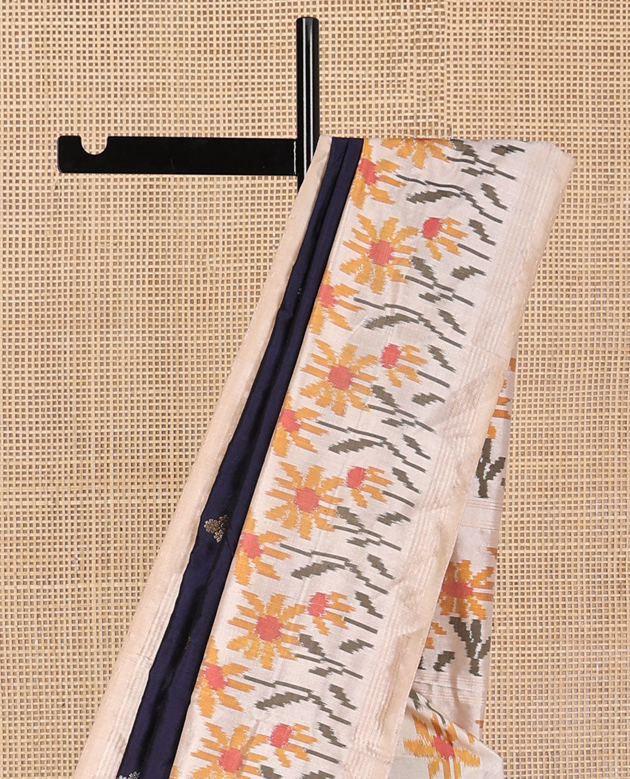 Blue zari buttas pure ikkat saree, contrast border & pallu of floral designs in ikkat-style