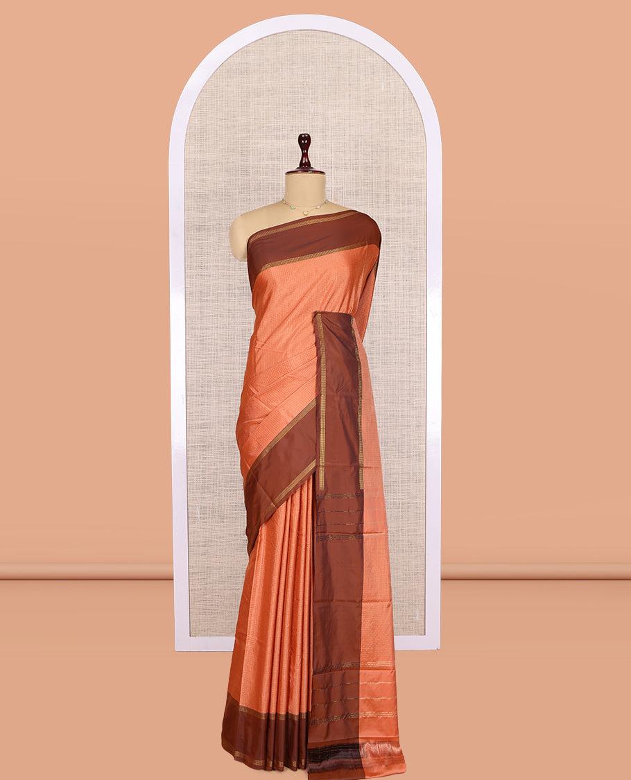 Orange Arani Saree, Subtly Sparkled with Zari Checks, a Contrast Bodi Border, Pallu of Zari Design, and a Matching Blouse