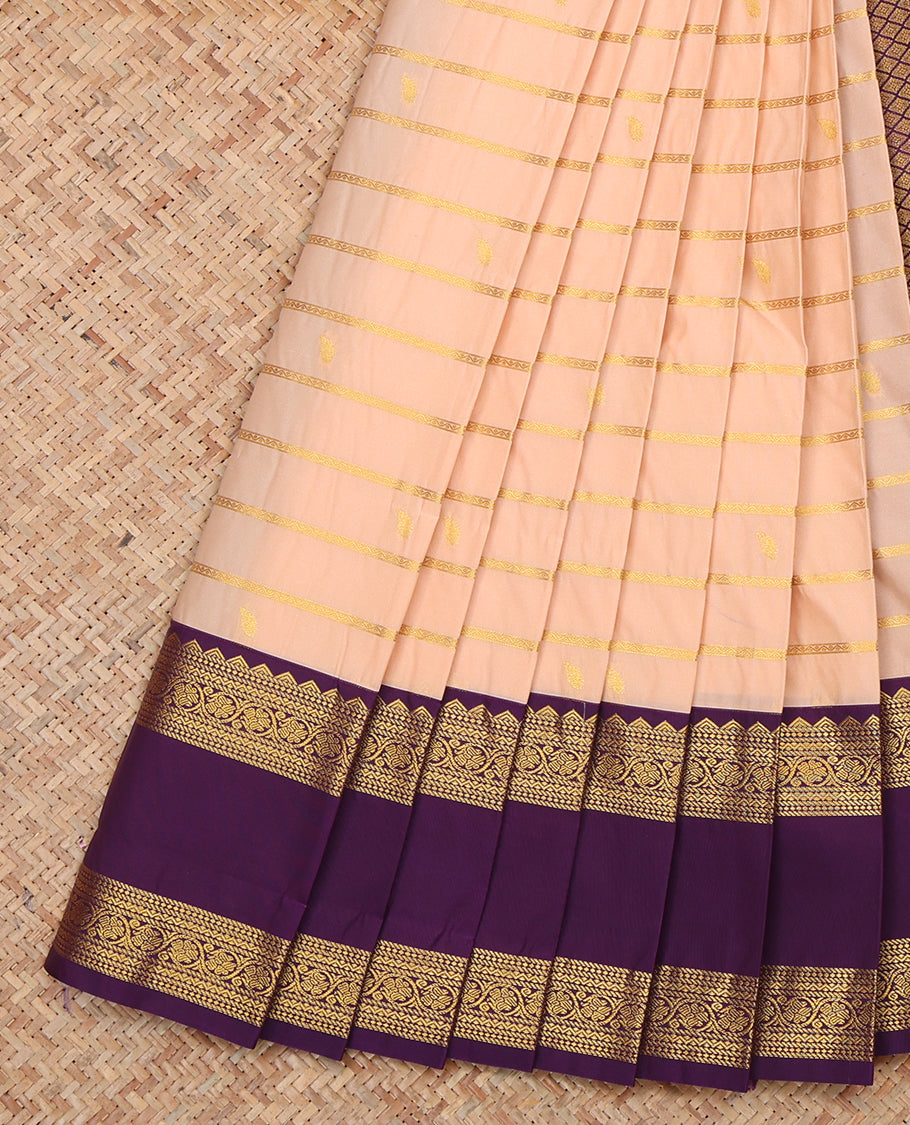 Light Cantaloupe Orange Budget Silk Saree, Detailed with Zari Buttas and Stripes, a Contrast Traditional Zari Rettai Pettu Border, Grand Pallu, and a Contrast Blouse